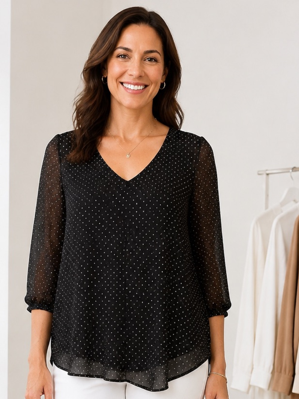🩷. Black Polka Dot V-Neck Blouse - Women's Top